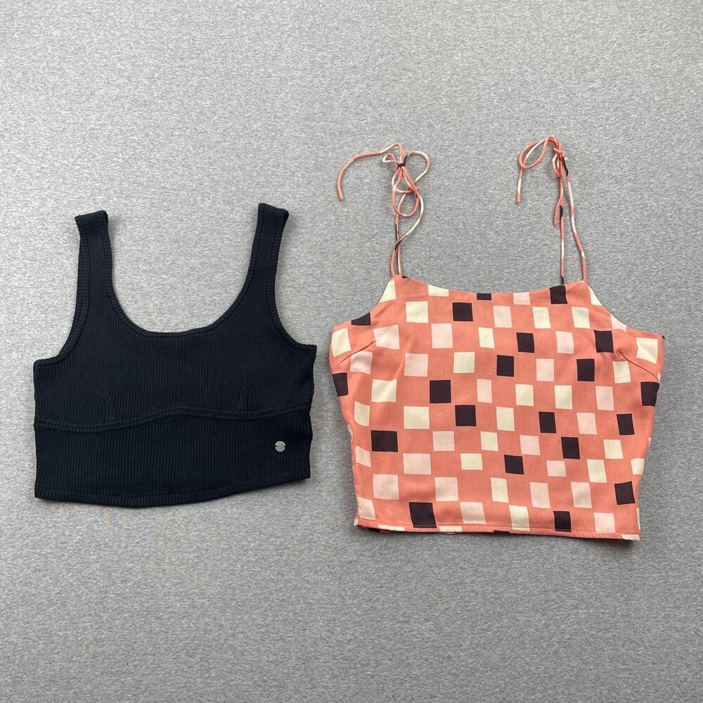 LOT of 2 O'Neill Roxy Crop Tank Tops Womens S Black Pink Ribbed Knit Strappy